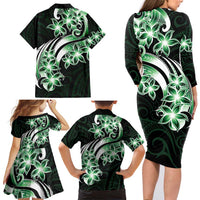 Plumeria Tribal Tattoo Family Matching Long Sleeve Bodycon Dress and Hawaiian Shirt Green Polynesian Pattern LT9 - Polynesian Pride