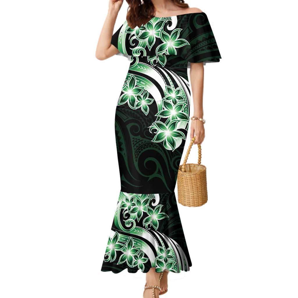 Plumeria Tribal Tattoo Family Matching Mermaid Dress and Hawaiian Shirt Green Polynesian Pattern LT9 Mom's Dress Green - Polynesian Pride