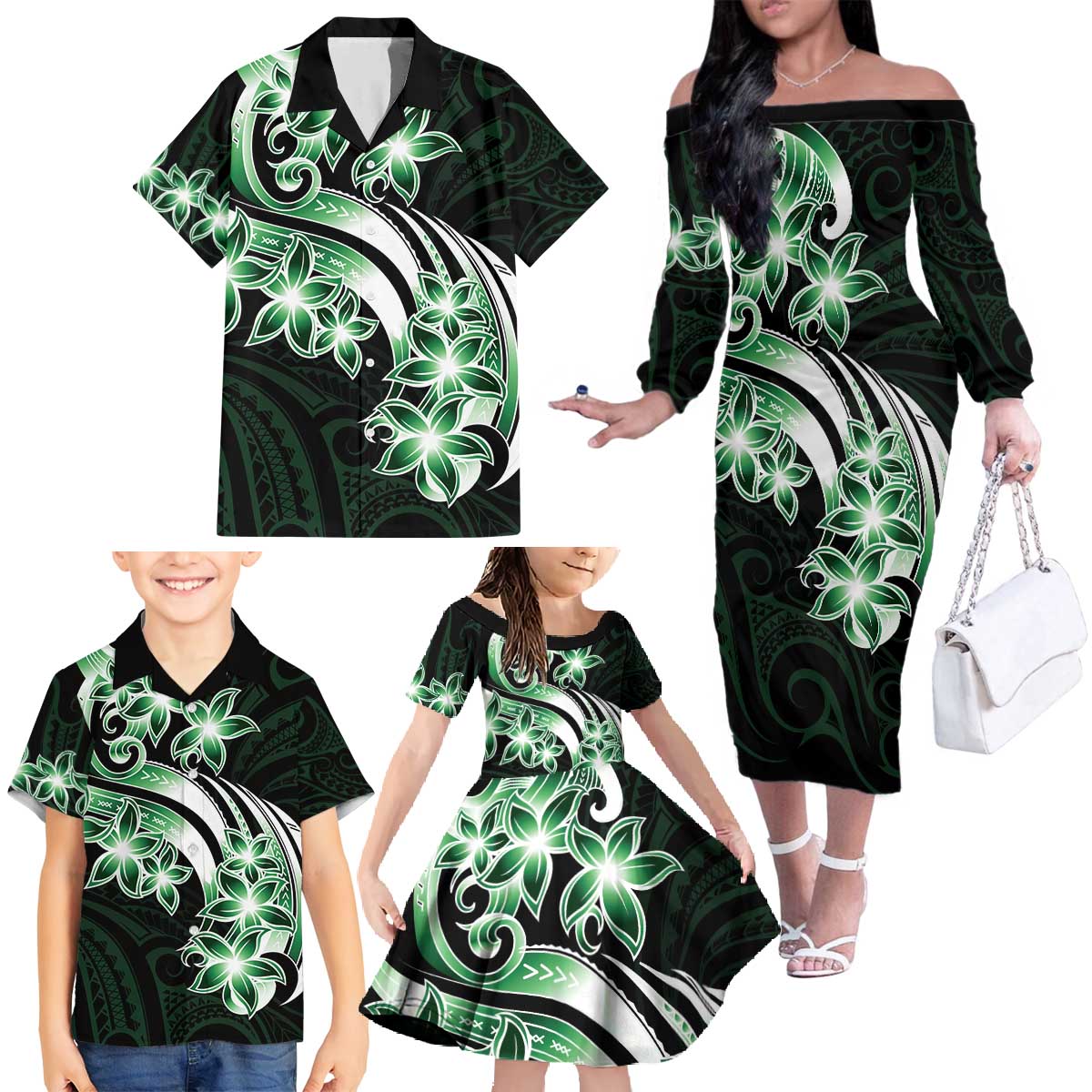 Plumeria Tribal Tattoo Family Matching Off The Shoulder Long Sleeve Dress and Hawaiian Shirt Green Polynesian Pattern LT9 - Polynesian Pride