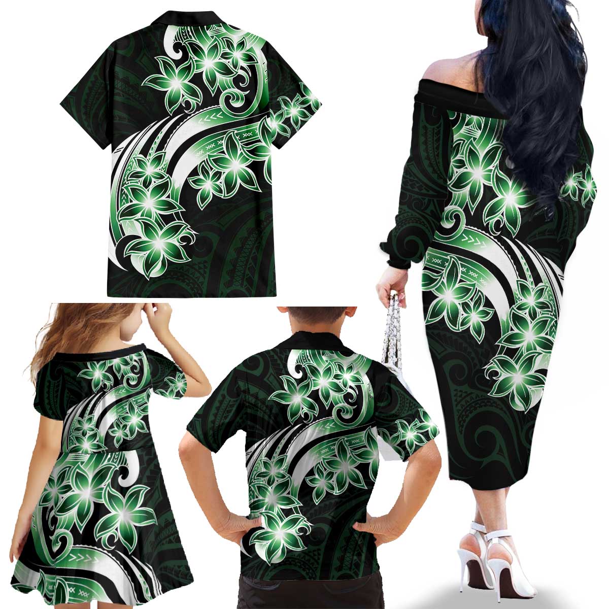 Plumeria Tribal Tattoo Family Matching Off The Shoulder Long Sleeve Dress and Hawaiian Shirt Green Polynesian Pattern LT9 - Polynesian Pride