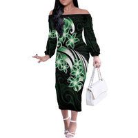 Plumeria Tribal Tattoo Family Matching Off The Shoulder Long Sleeve Dress and Hawaiian Shirt Green Polynesian Pattern LT9 Mom's Dress Green - Polynesian Pride