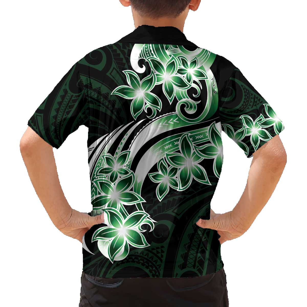 Plumeria Tribal Tattoo Family Matching Off Shoulder Short Dress and Hawaiian Shirt Green Polynesian Pattern LT9 - Polynesian Pride