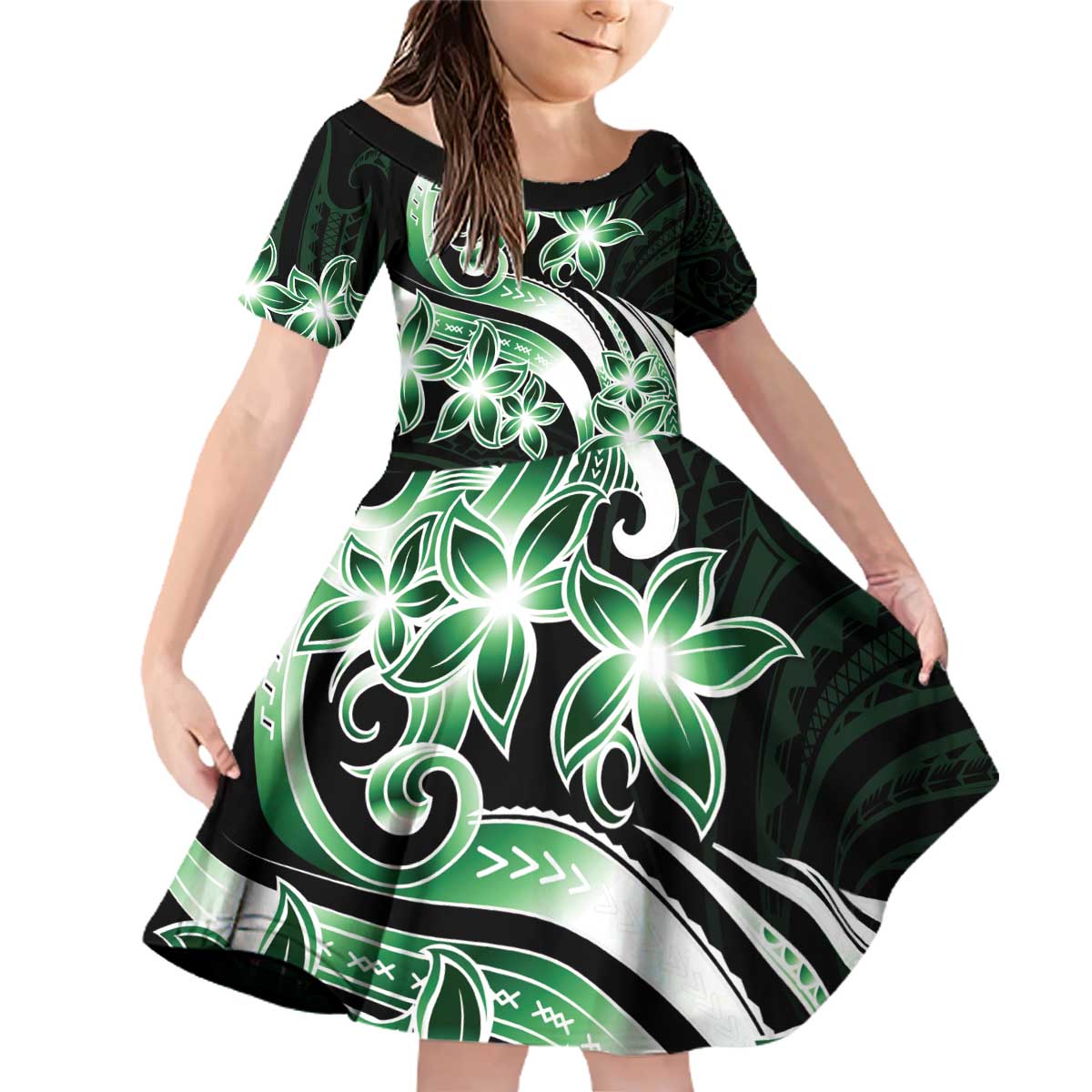 Plumeria Tribal Tattoo Family Matching Off Shoulder Short Dress and Hawaiian Shirt Green Polynesian Pattern LT9 Daughter's Dress Green - Polynesian Pride