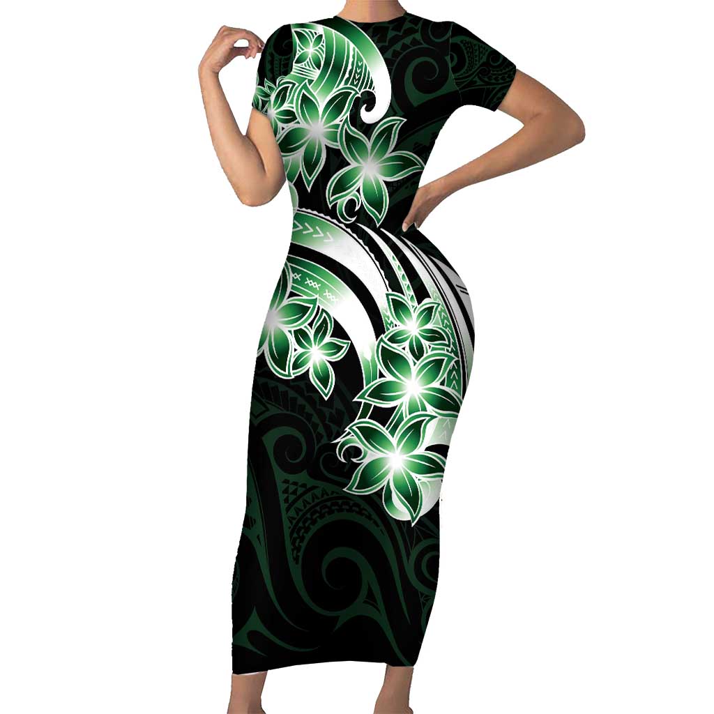 Plumeria Tribal Tattoo Family Matching Short Sleeve Bodycon Dress and Hawaiian Shirt Green Polynesian Pattern LT9 Mom's Dress Green - Polynesian Pride