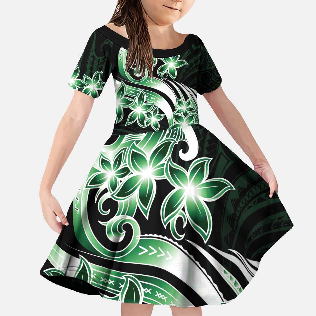 Plumeria Tribal Tattoo Family Matching Tank Maxi Dress and Hawaiian Shirt Green Polynesian Pattern LT9 Daughter's Dress Green - Polynesian Pride