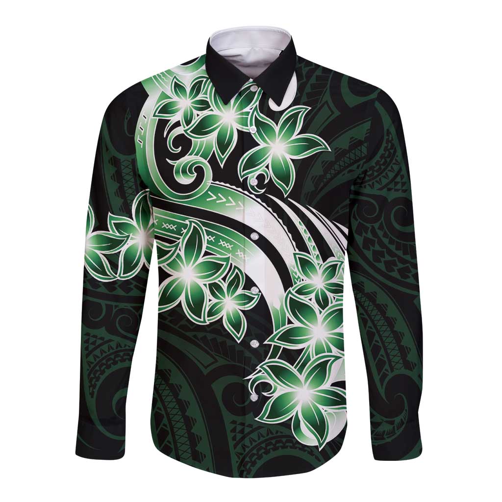 Plumeria Tribal Tattoo Long Sleeve Button Shirt Green Polynesian Pattern LT9 Unisex Green - Polynesian Pride