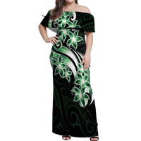 Plumeria Tribal Tattoo Off Shoulder Maxi Dress Green Polynesian Pattern