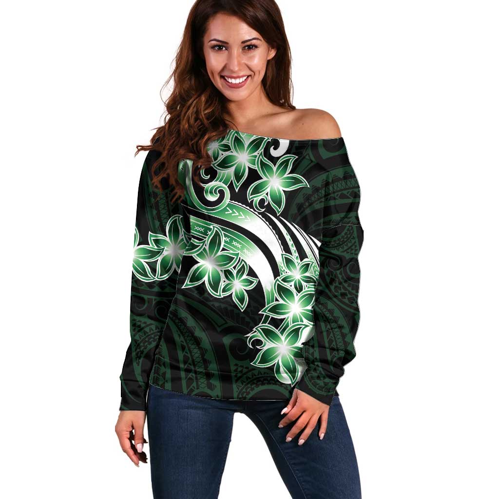 Plumeria Tribal Tattoo Off Shoulder Sweater Green Polynesian Pattern LT9 Women Green - Polynesian Pride