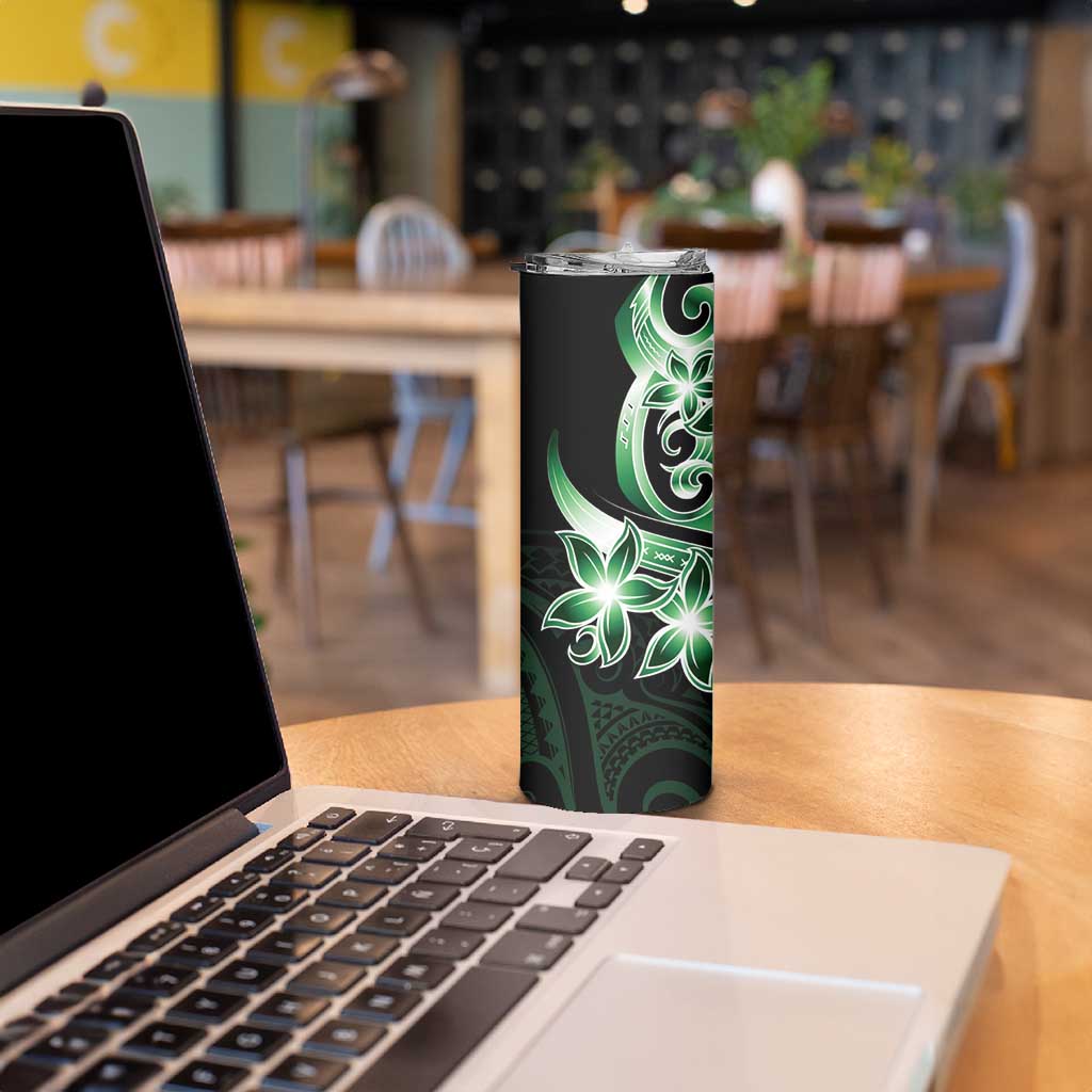 Plumeria Tribal Tattoo Skinny Tumbler Green Polynesian Pattern
