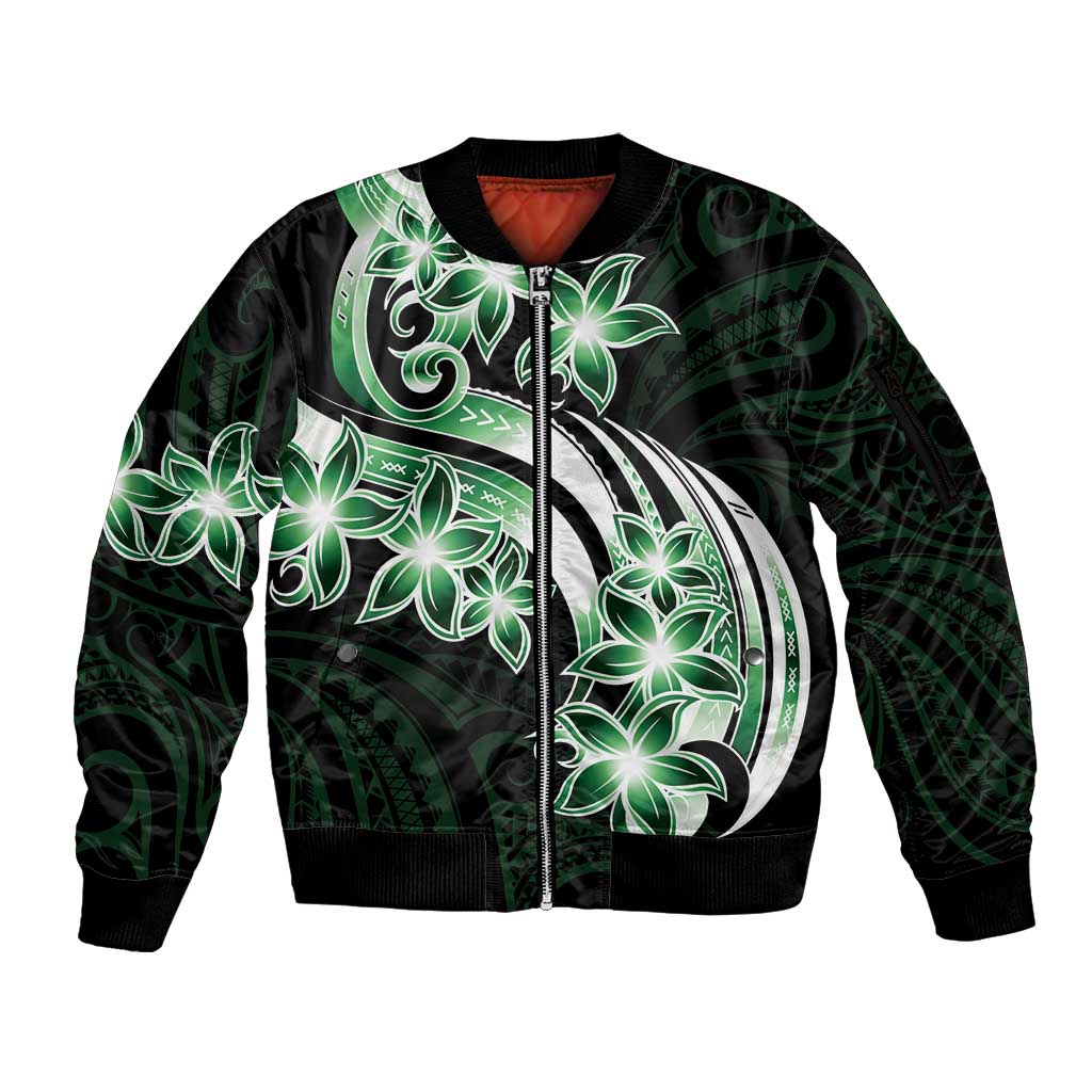 Plumeria Tribal Tattoo Sleeve Zip Bomber Jacket Green Polynesian Pattern LT9 Unisex Green - Polynesian Pride