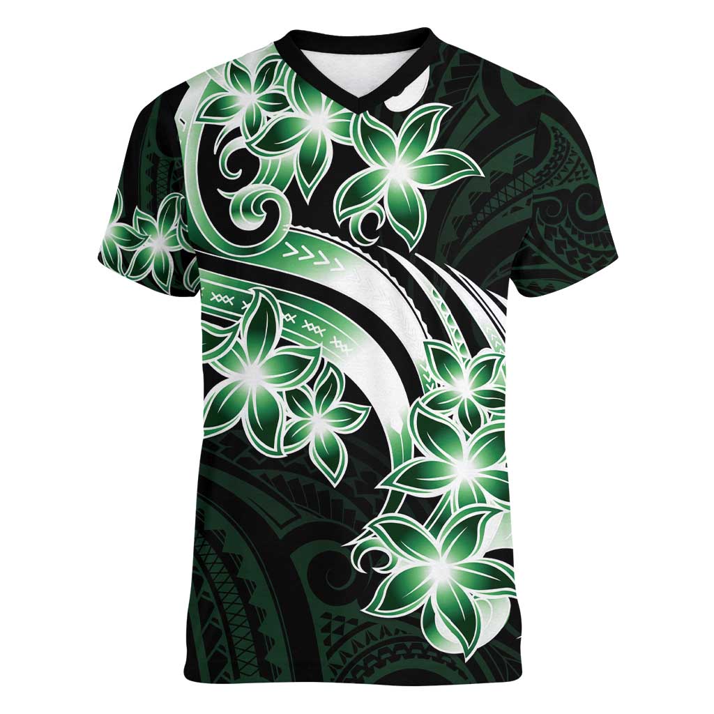 Plumeria Tribal Tattoo Women V-Neck T-Shirt Green Polynesian Pattern