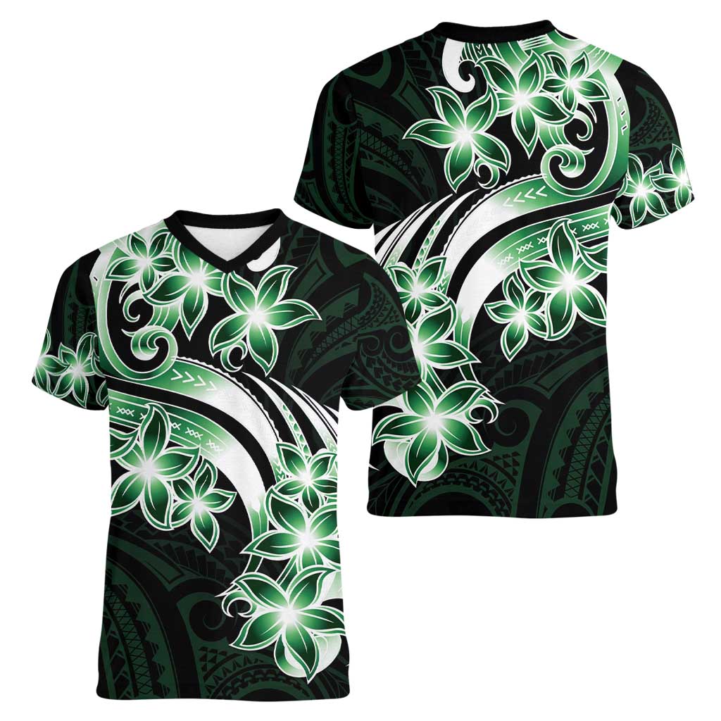 Plumeria Tribal Tattoo Women V-Neck T-Shirt Green Polynesian Pattern
