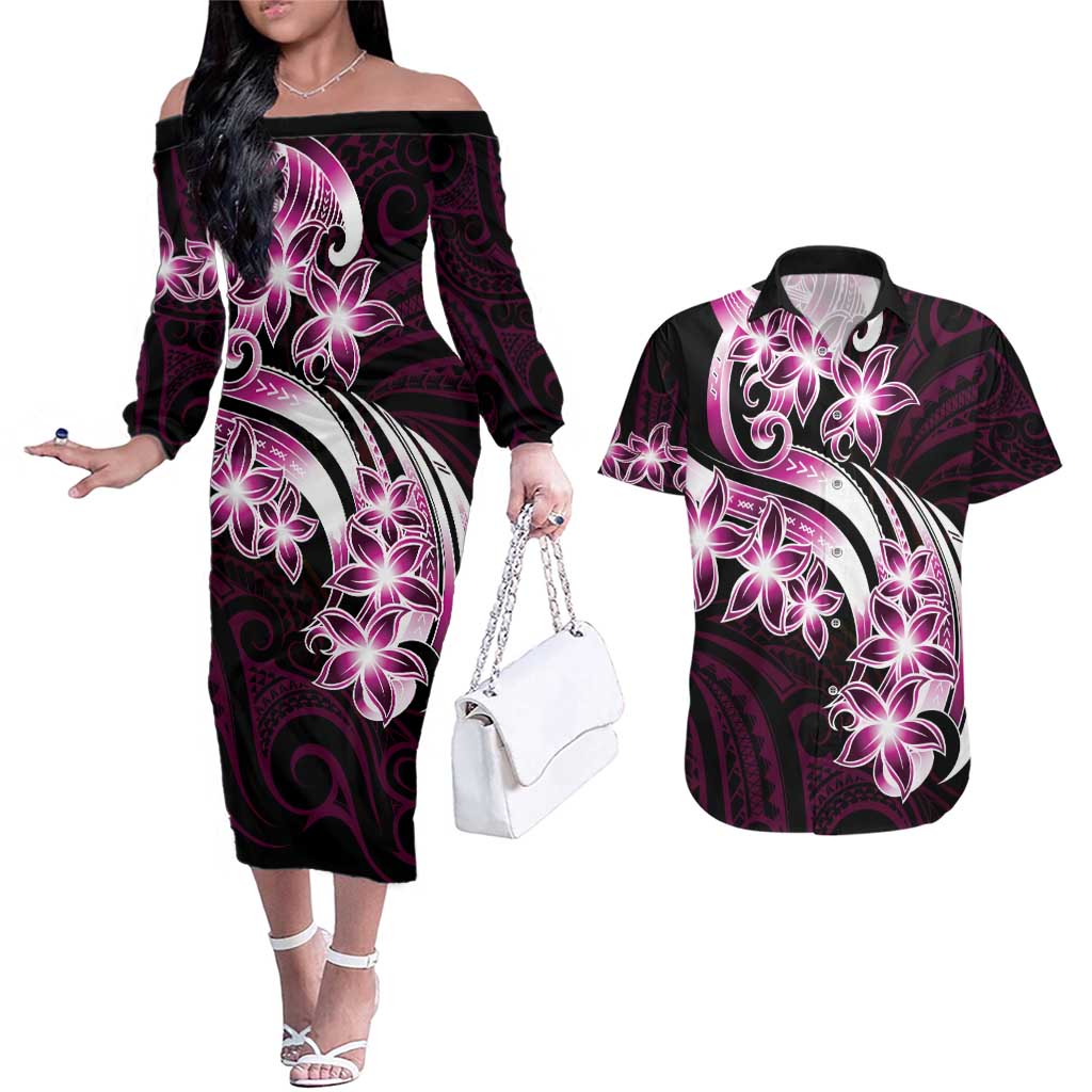 Plumeria Tribal Tattoo Couples Matching Off The Shoulder Long Sleeve Dress and Hawaiian Shirt Pink Polynesian Pattern