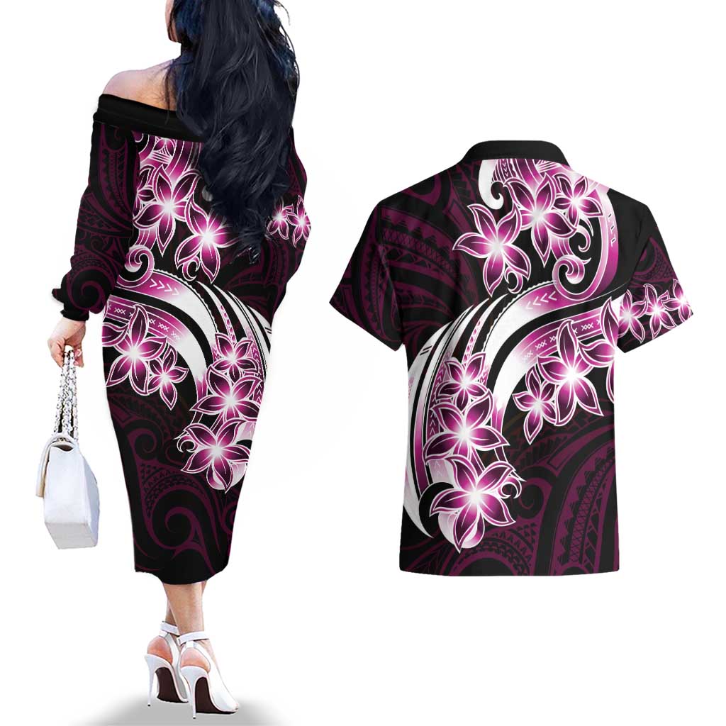 Plumeria Tribal Tattoo Couples Matching Off The Shoulder Long Sleeve Dress and Hawaiian Shirt Pink Polynesian Pattern