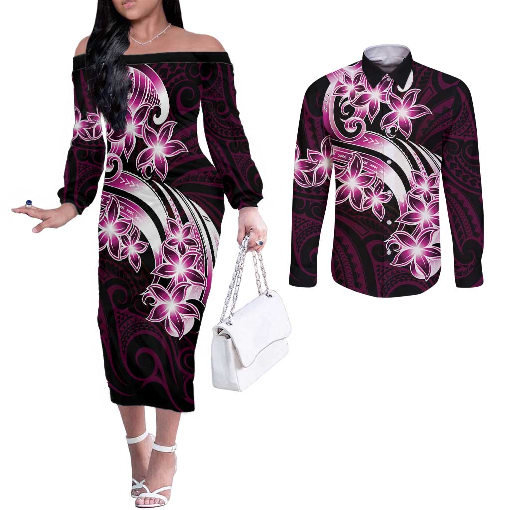 Plumeria Tribal Tattoo Couples Matching Off The Shoulder Long Sleeve Dress and Long Sleeve Button Shirt Pink Polynesian Pattern