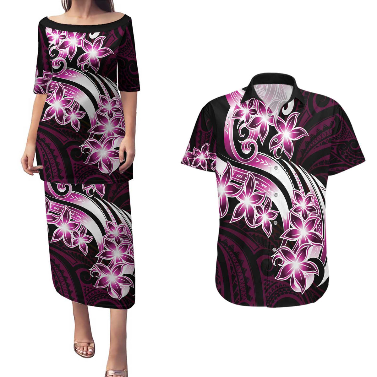 Plumeria Tribal Tattoo Couples Matching Puletasi and Hawaiian Shirt Pink Polynesian Pattern