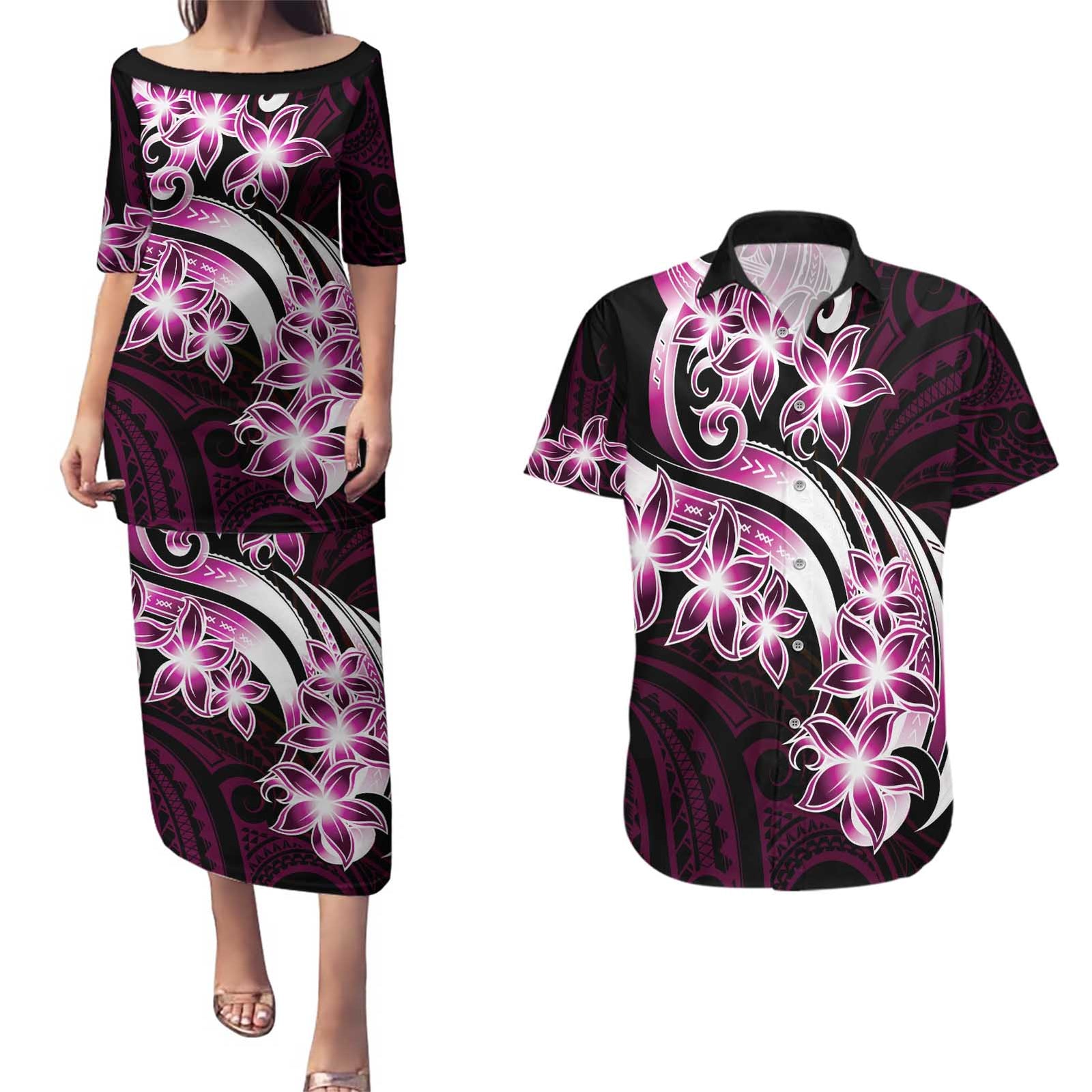 Plumeria Tribal Tattoo Couples Matching Puletasi and Hawaiian Shirt Pink Polynesian Pattern