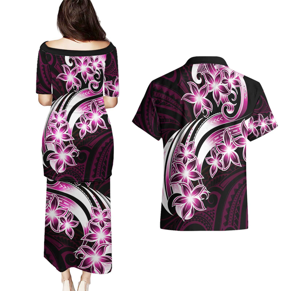 Plumeria Tribal Tattoo Couples Matching Puletasi and Hawaiian Shirt Pink Polynesian Pattern