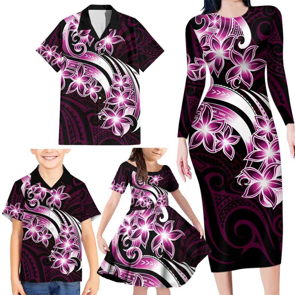 Plumeria Tribal Tattoo Family Matching Long Sleeve Bodycon Dress and Hawaiian Shirt Pink Polynesian Pattern LT9 - Polynesian Pride