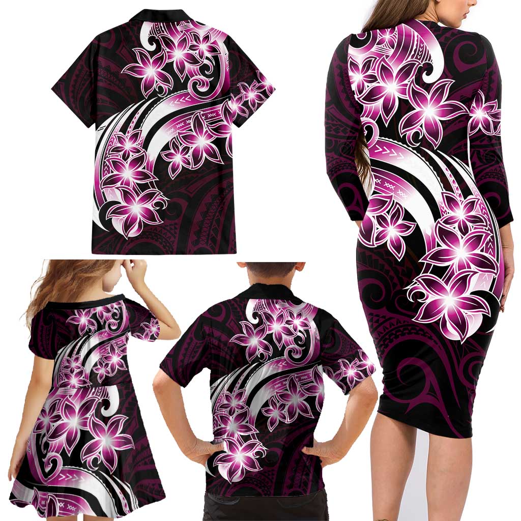 Plumeria Tribal Tattoo Family Matching Long Sleeve Bodycon Dress and Hawaiian Shirt Pink Polynesian Pattern LT9 - Polynesian Pride