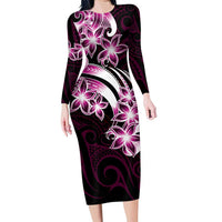 Plumeria Tribal Tattoo Family Matching Long Sleeve Bodycon Dress and Hawaiian Shirt Pink Polynesian Pattern LT9 Mom's Dress Pink - Polynesian Pride