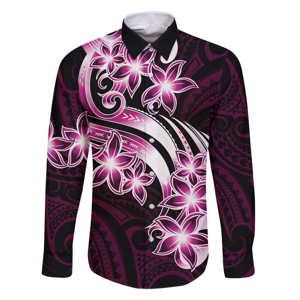 Plumeria Tribal Tattoo Family Matching Mermaid Dress and Hawaiian Shirt Pink Polynesian Pattern LT9 Dad's Shirt - Long Sleeve Pink - Polynesian Pride