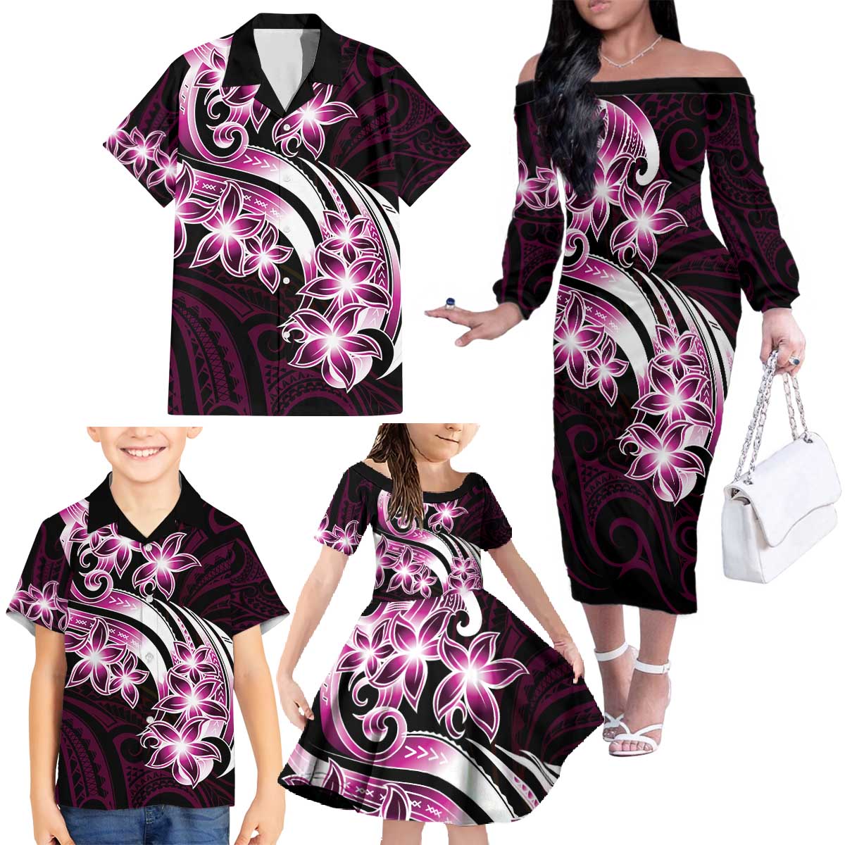 Plumeria Tribal Tattoo Family Matching Off The Shoulder Long Sleeve Dress and Hawaiian Shirt Pink Polynesian Pattern LT9 - Polynesian Pride