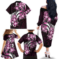 Plumeria Tribal Tattoo Family Matching Off The Shoulder Long Sleeve Dress and Hawaiian Shirt Pink Polynesian Pattern LT9 - Polynesian Pride