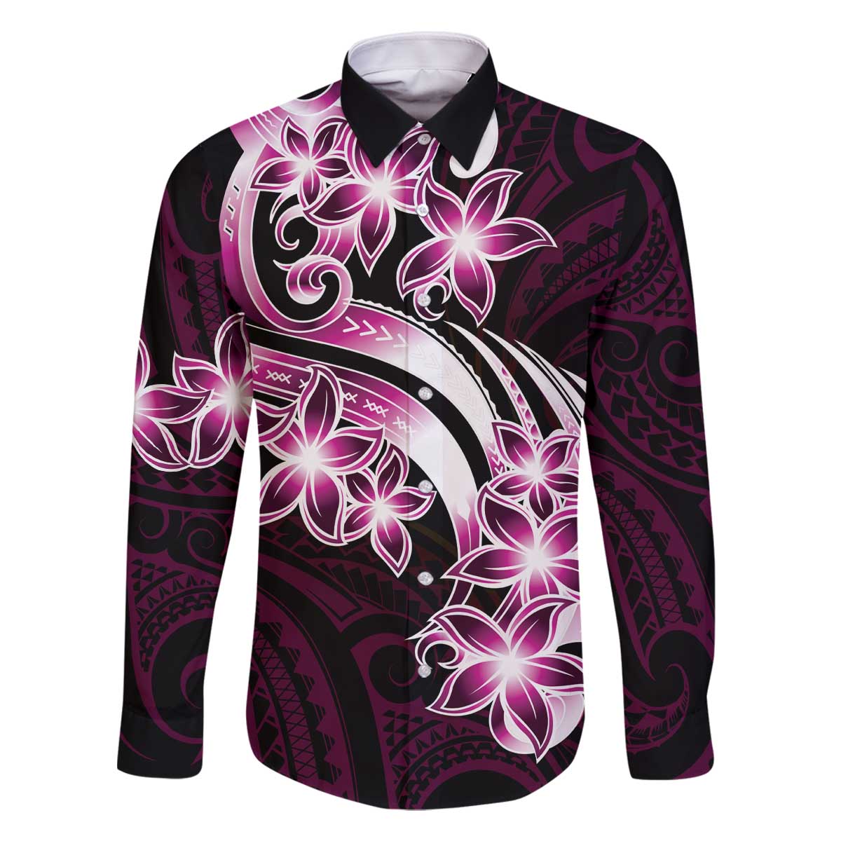 Plumeria Tribal Tattoo Family Matching Off The Shoulder Long Sleeve Dress and Hawaiian Shirt Pink Polynesian Pattern LT9 Dad's Shirt - Long Sleeve Pink - Polynesian Pride
