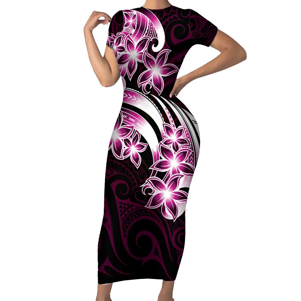 Plumeria Tribal Tattoo Short Sleeve Bodycon Dress Pink Polynesian Pattern LT9 Long Dress Pink - Polynesian Pride