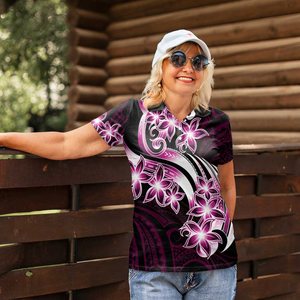 Plumeria Tribal Tattoo Women Polo Shirt Pink Polynesian Pattern LT9 - Polynesian Pride