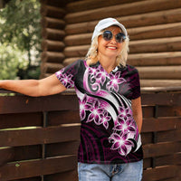 Plumeria Tribal Tattoo Women Polo Shirt Pink Polynesian Pattern LT9 - Polynesian Pride