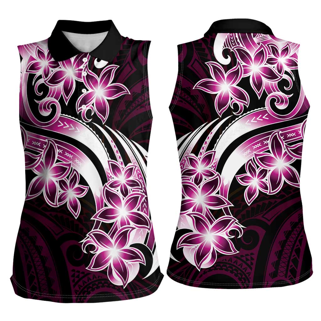 Plumeria Tribal Tattoo Women Sleeveless Polo Shirt Pink Polynesian Pattern