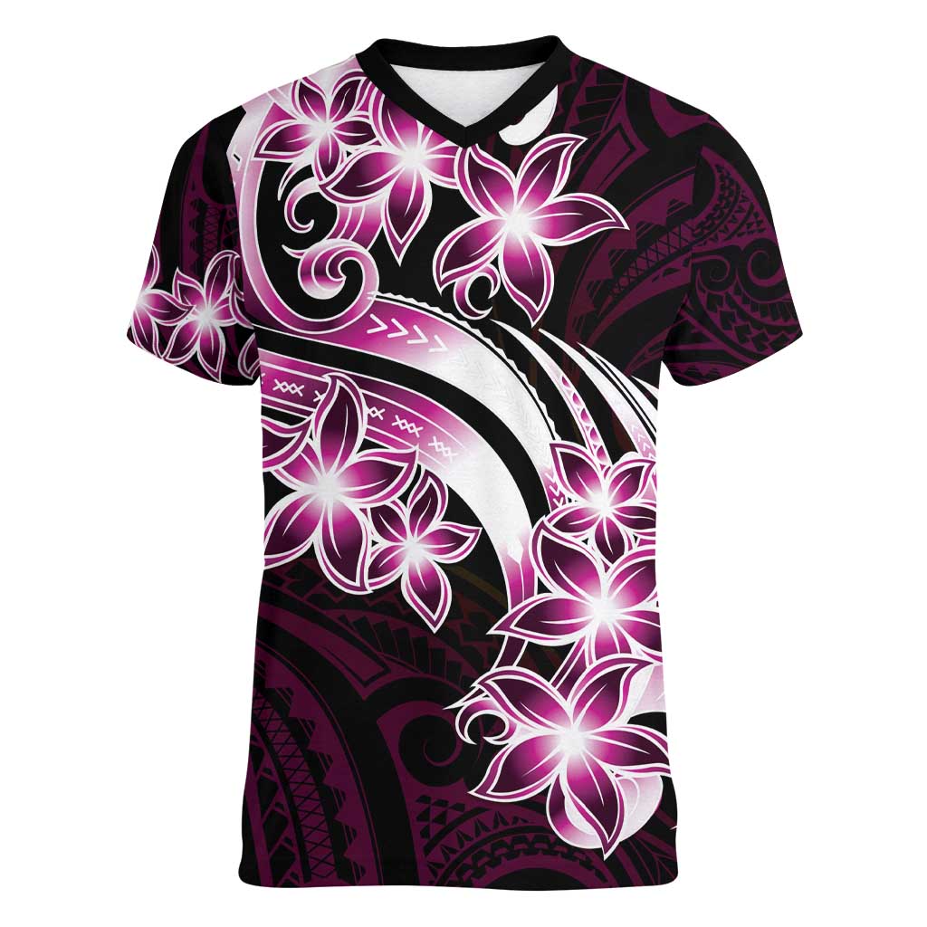 Plumeria Tribal Tattoo Women V-Neck T-Shirt Pink Polynesian Pattern