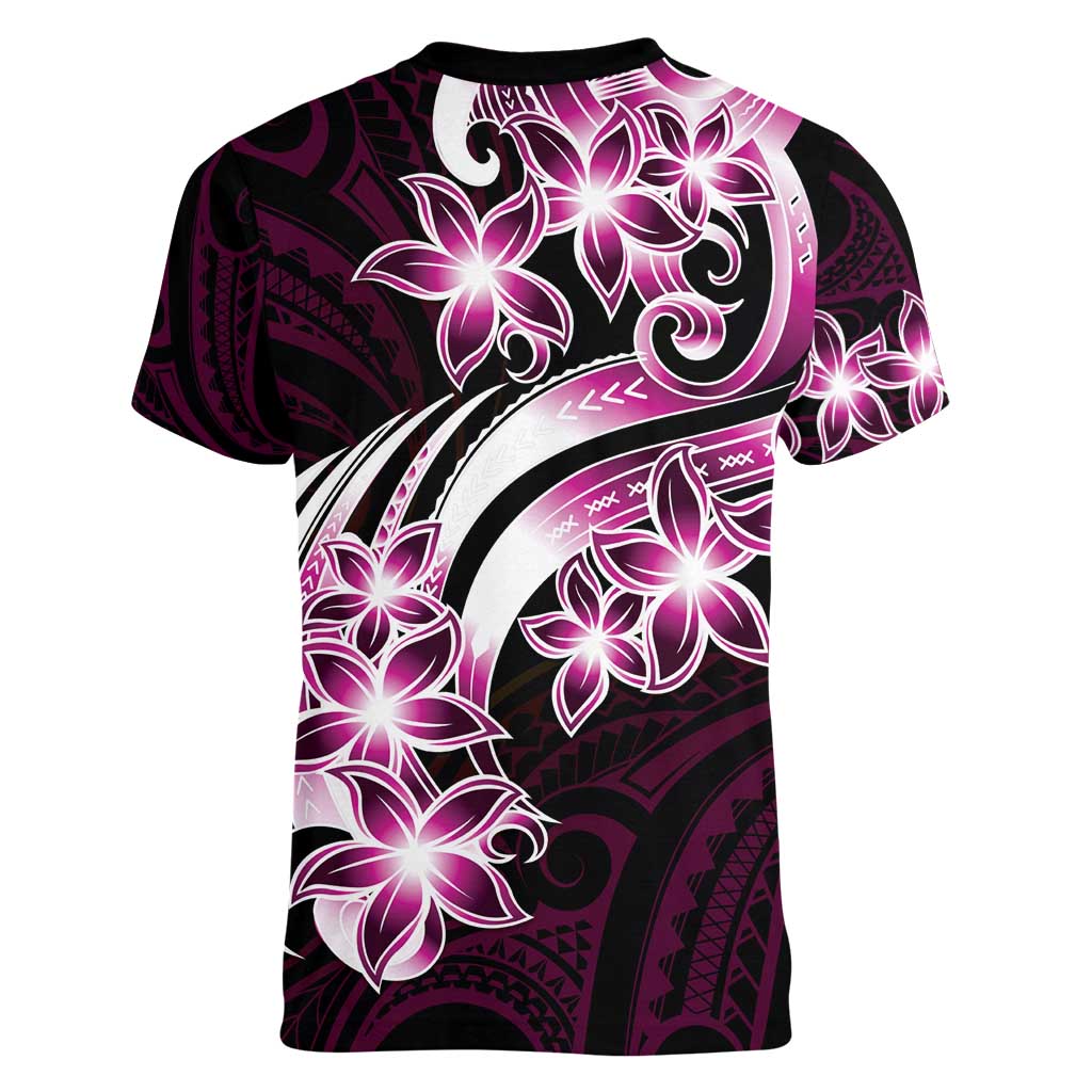 Plumeria Tribal Tattoo Women V-Neck T-Shirt Pink Polynesian Pattern