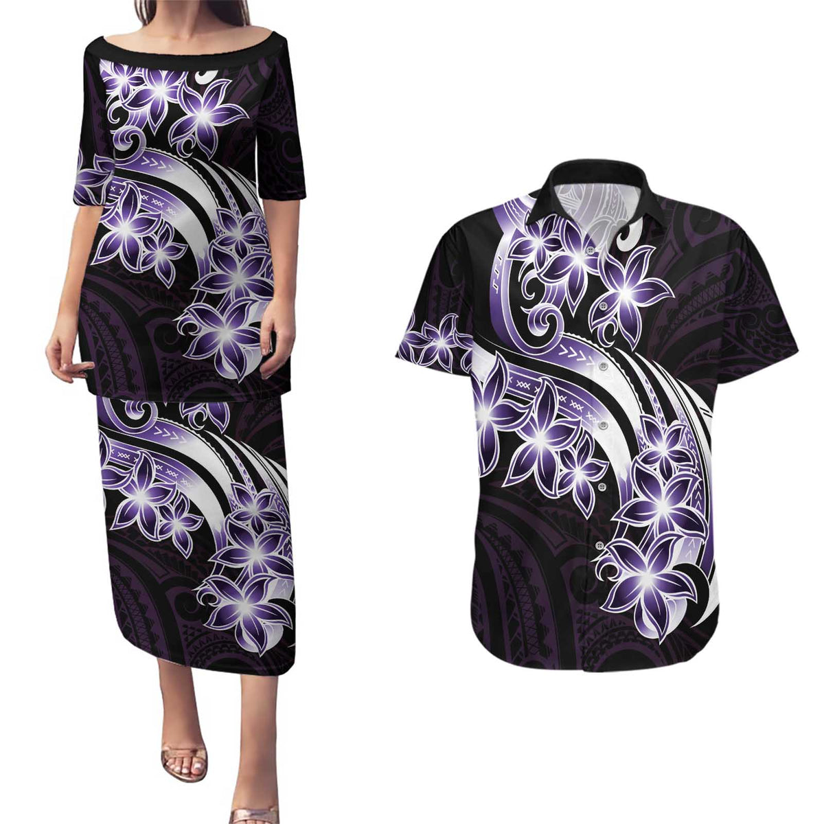 Plumeria Tribal Tattoo Couples Matching Puletasi and Hawaiian Shirt Purple Polynesian Pattern
