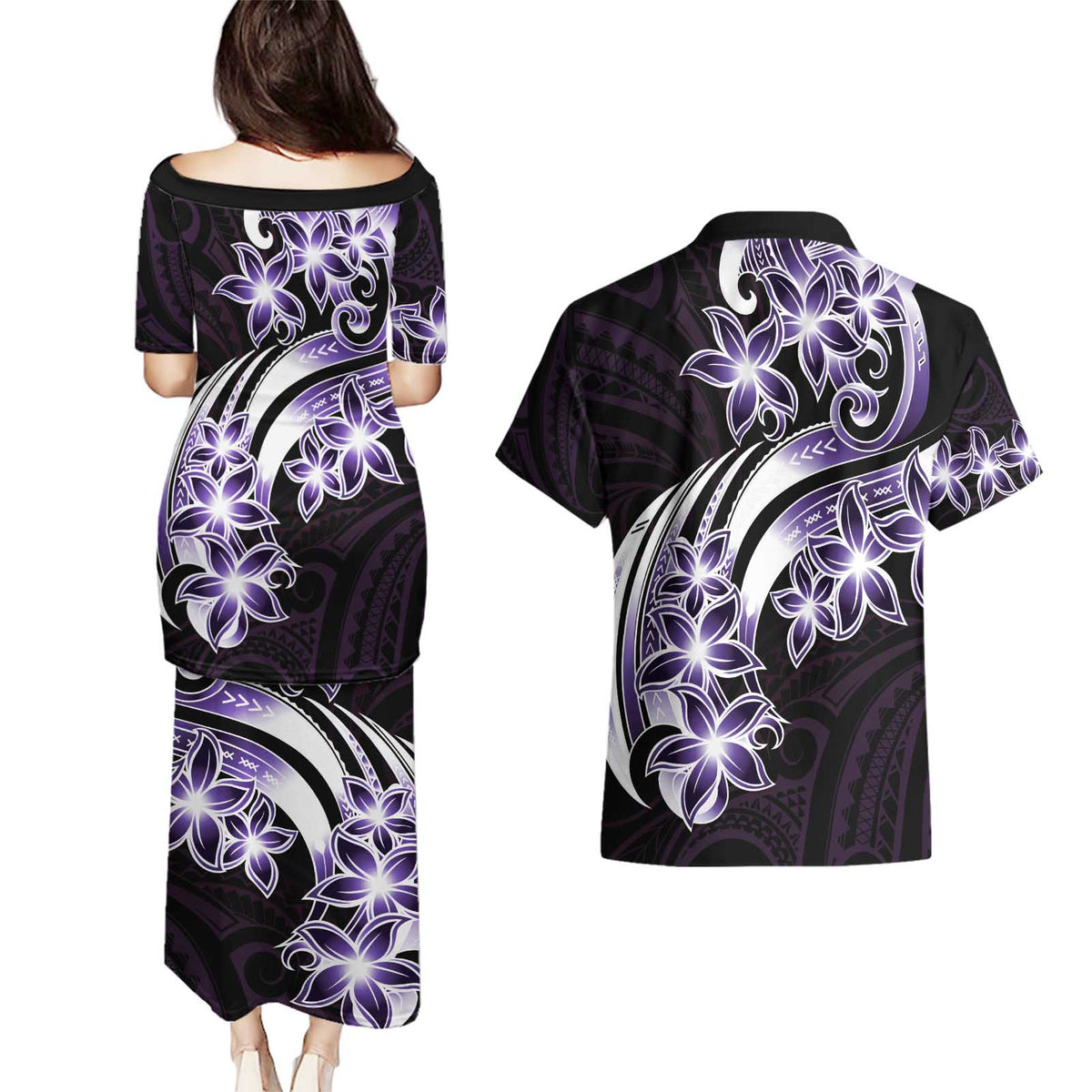 Plumeria Tribal Tattoo Couples Matching Puletasi and Hawaiian Shirt Purple Polynesian Pattern