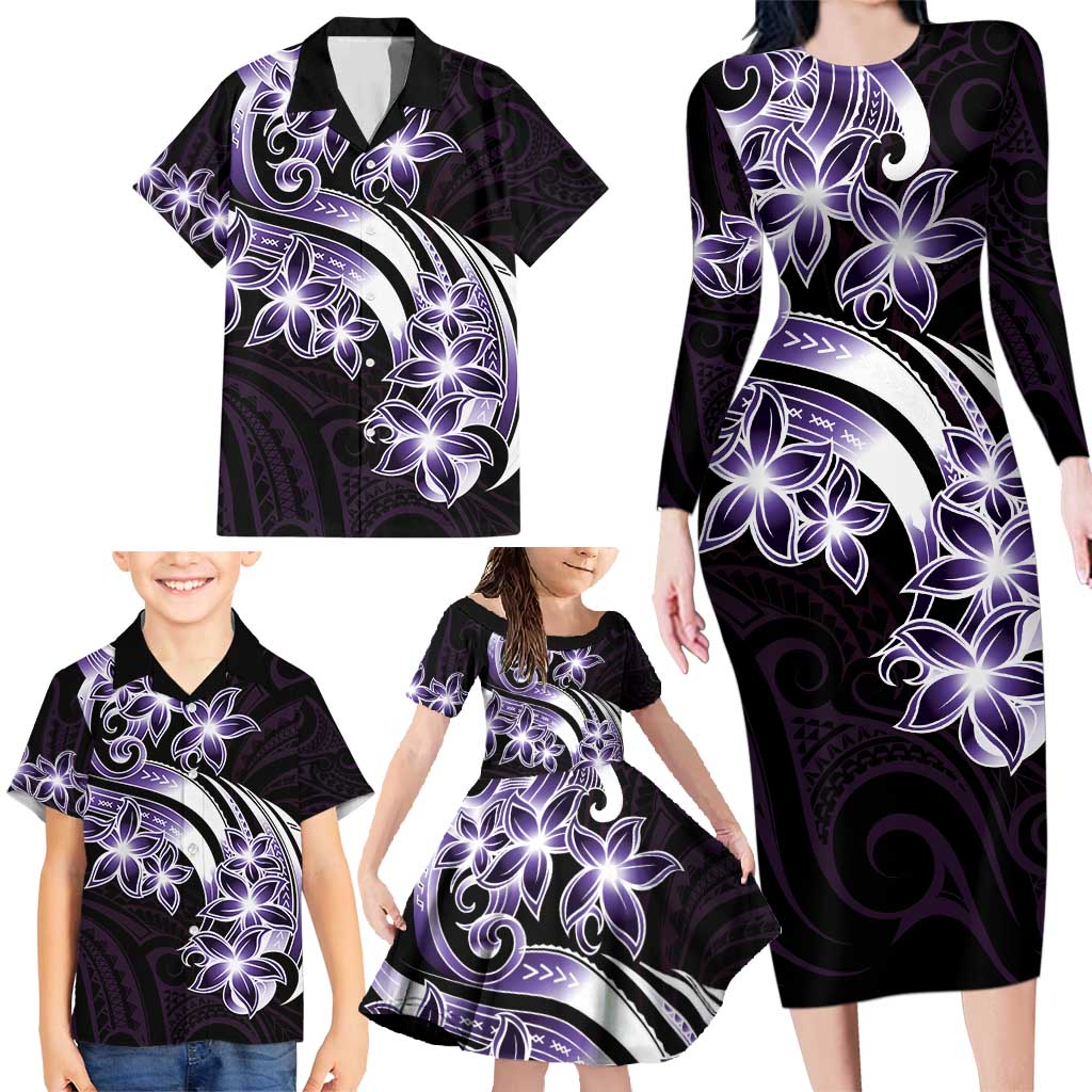 Plumeria Tribal Tattoo Family Matching Long Sleeve Bodycon Dress and Hawaiian Shirt Purple Polynesian Pattern LT9 - Polynesian Pride