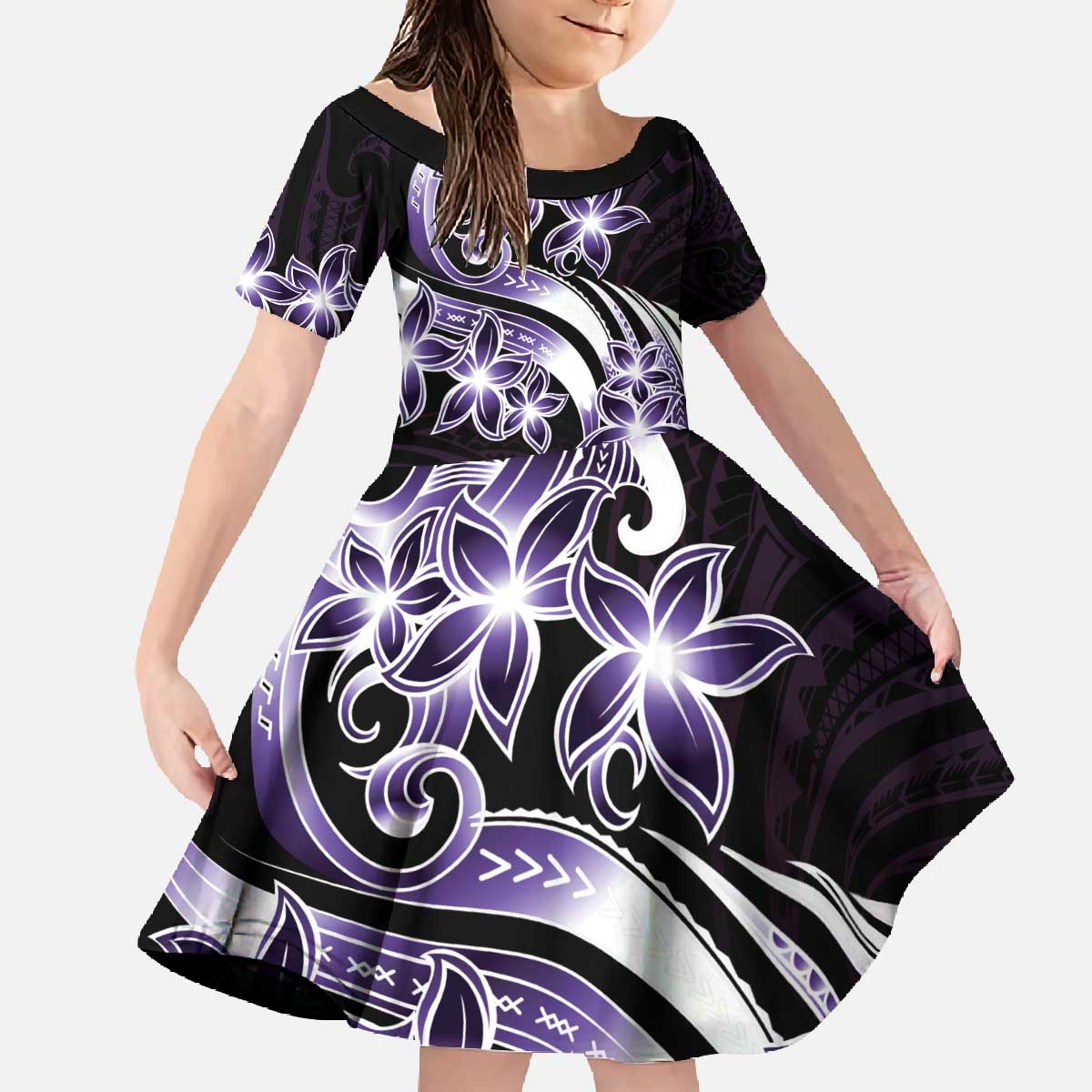 Plumeria Tribal Tattoo Family Matching Off The Shoulder Long Sleeve Dress and Hawaiian Shirt Purple Polynesian Pattern LT9 Daughter's Dress Purple - Polynesian Pride