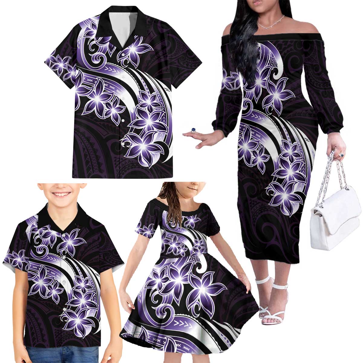 Plumeria Tribal Tattoo Family Matching Off The Shoulder Long Sleeve Dress and Hawaiian Shirt Purple Polynesian Pattern LT9 - Polynesian Pride