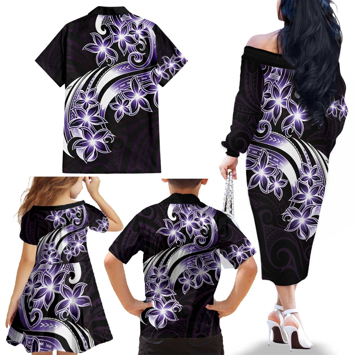 Plumeria Tribal Tattoo Family Matching Off The Shoulder Long Sleeve Dress and Hawaiian Shirt Purple Polynesian Pattern LT9 - Polynesian Pride