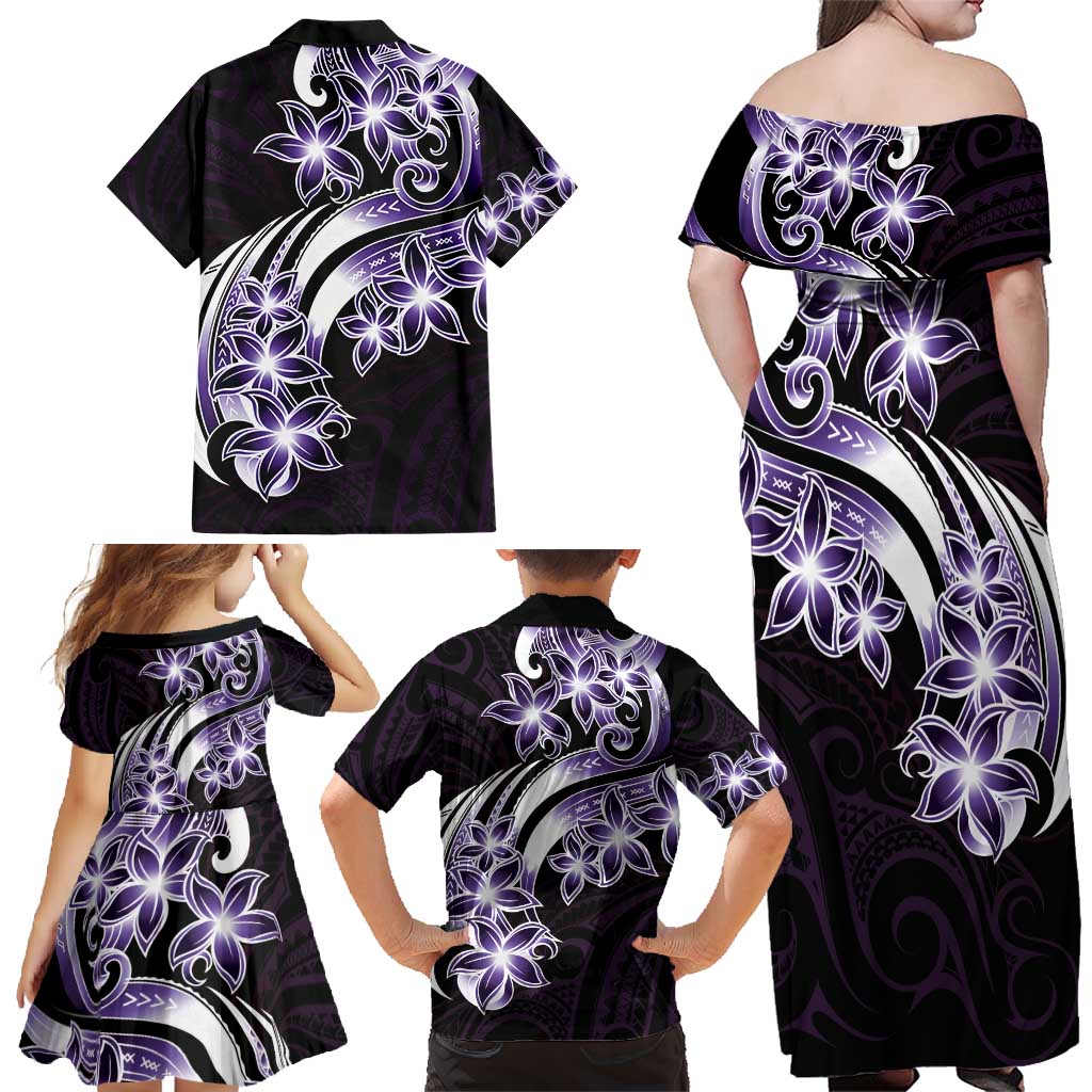 Plumeria Tribal Tattoo Family Matching Off Shoulder Maxi Dress and Hawaiian Shirt Purple Polynesian Pattern LT9 - Polynesian Pride