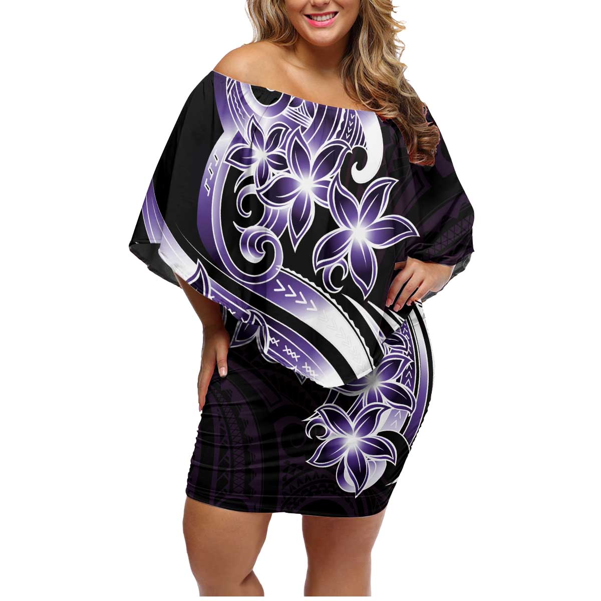 Plumeria Tribal Tattoo Family Matching Off Shoulder Short Dress and Hawaiian Shirt Purple Polynesian Pattern LT9 Mom's Dress Purple - Polynesian Pride