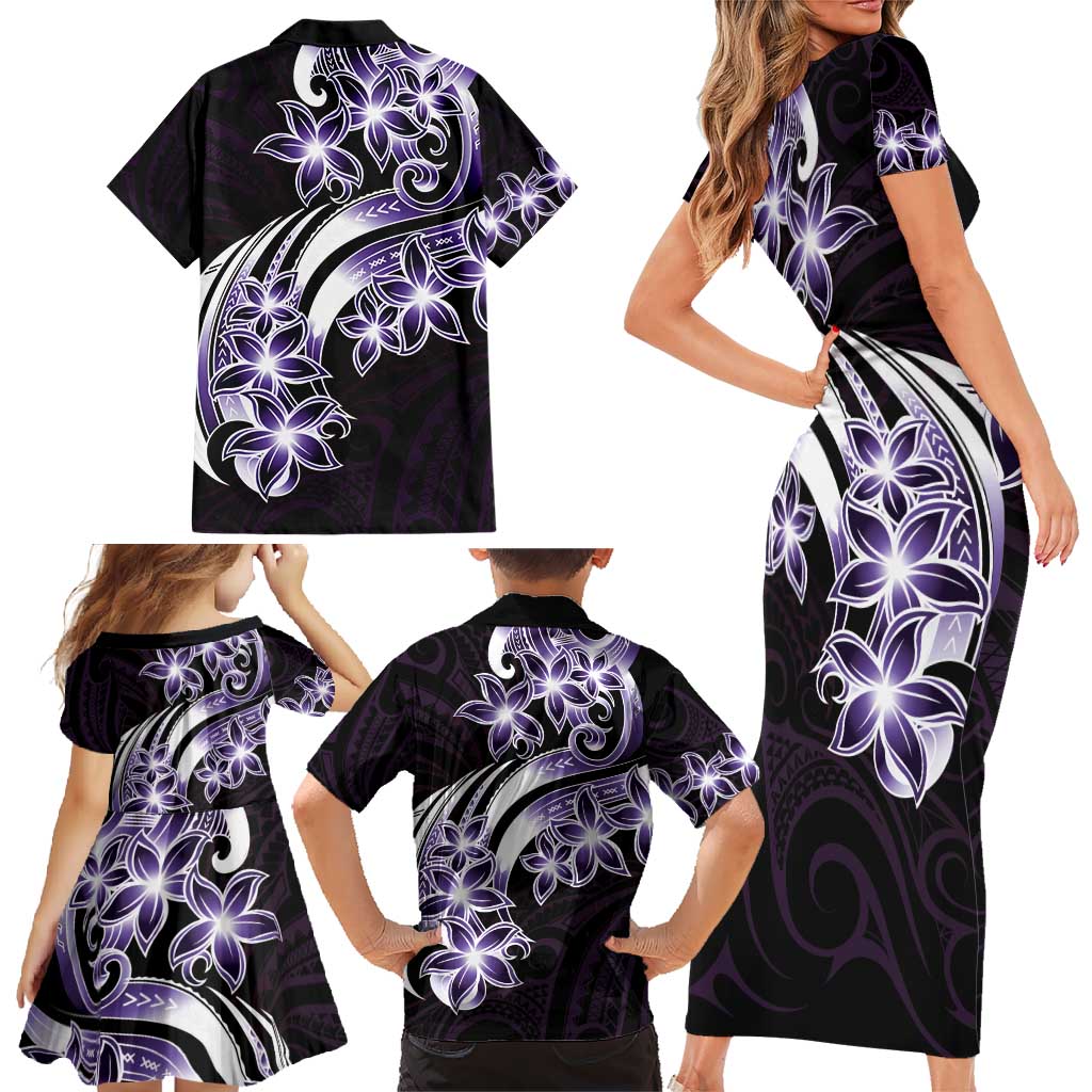 Plumeria Tribal Tattoo Family Matching Short Sleeve Bodycon Dress and Hawaiian Shirt Purple Polynesian Pattern LT9 - Polynesian Pride