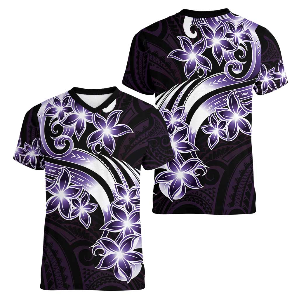 Plumeria Tribal Tattoo Women V-Neck T-Shirt Purple Polynesian Pattern