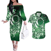 Cook Islands Tattoo Couples Matching Off The Shoulder Long Sleeve Dress and Hawaiian Shirt Plumeria Polynesian Pattern