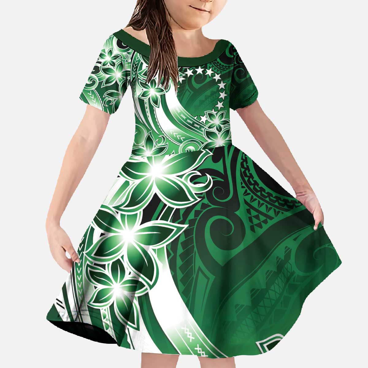 Cook Islands Tattoo Family Matching Off The Shoulder Long Sleeve Dress and Hawaiian Shirt Plumeria Polynesian Pattern LT9 Daughter's Dress Green - Polynesian Pride