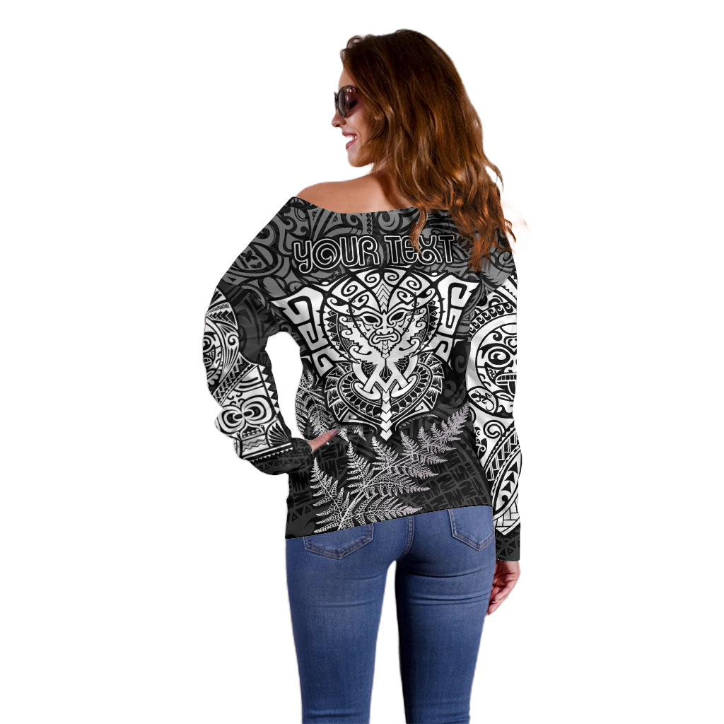 Personalised New Zealand Rugby Off Shoulder Sweater Silver Fern All Black Mix Ta Moko White Style LT9 - Polynesian Pride