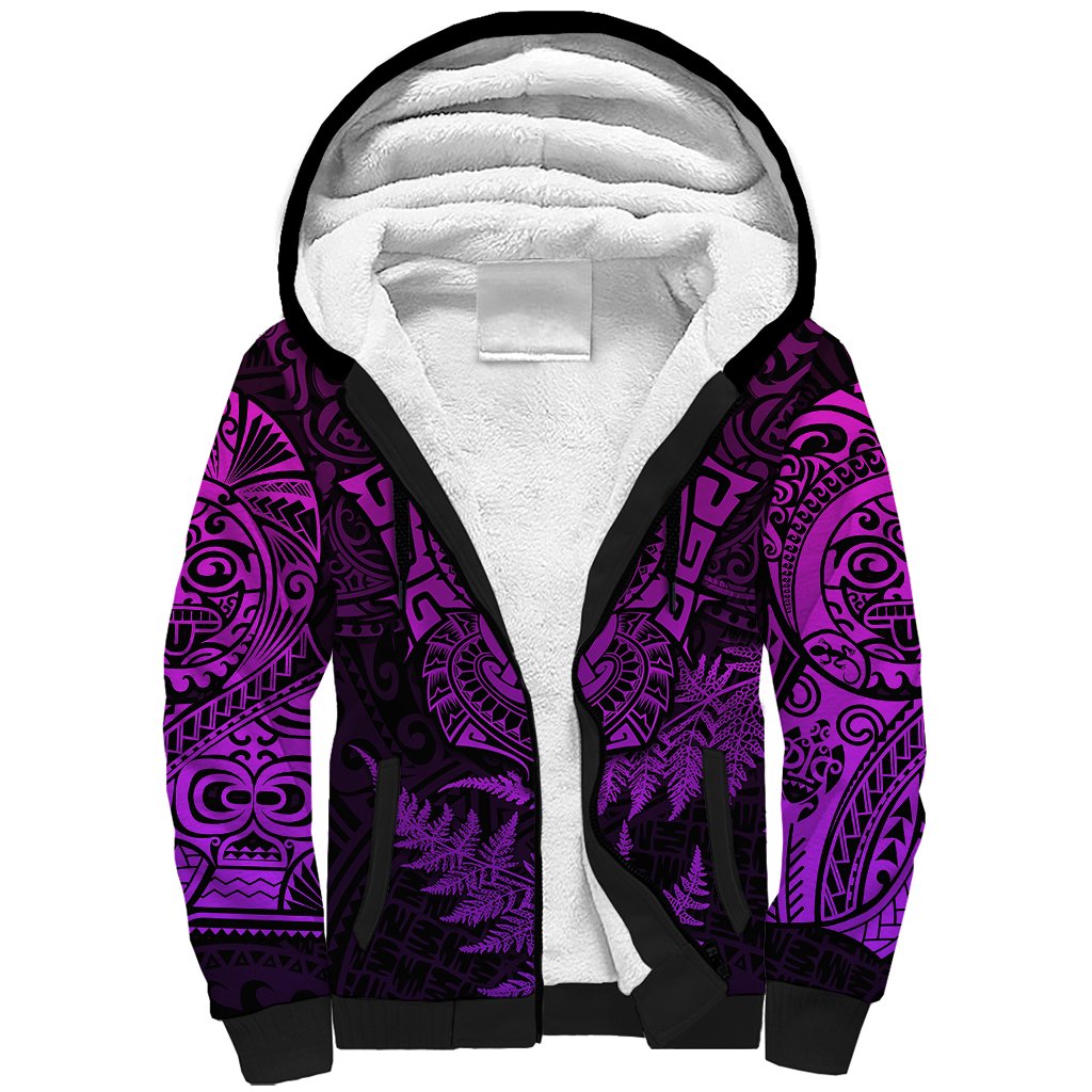 New Zealand Rugby Sherpa Hoodie Silver Fern All Black Mix Ta Moko Purple Style LT9 Unisex Purple - Polynesian Pride