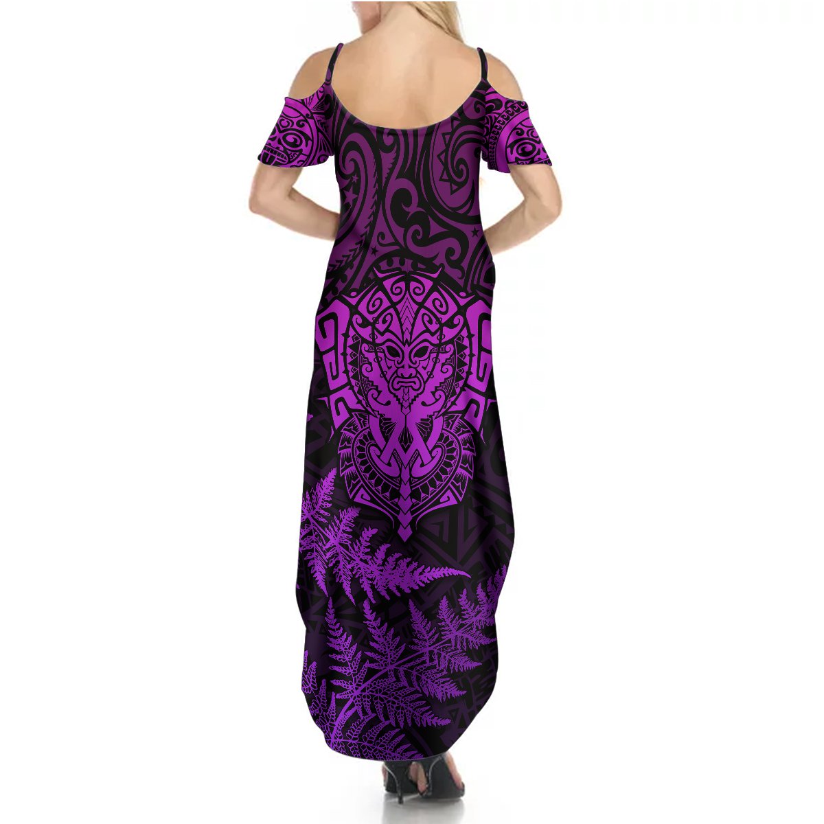 New Zealand Rugby Summer Maxi Dress Silver Fern All Black Mix Ta Moko Purple Style LT9 - Polynesian Pride